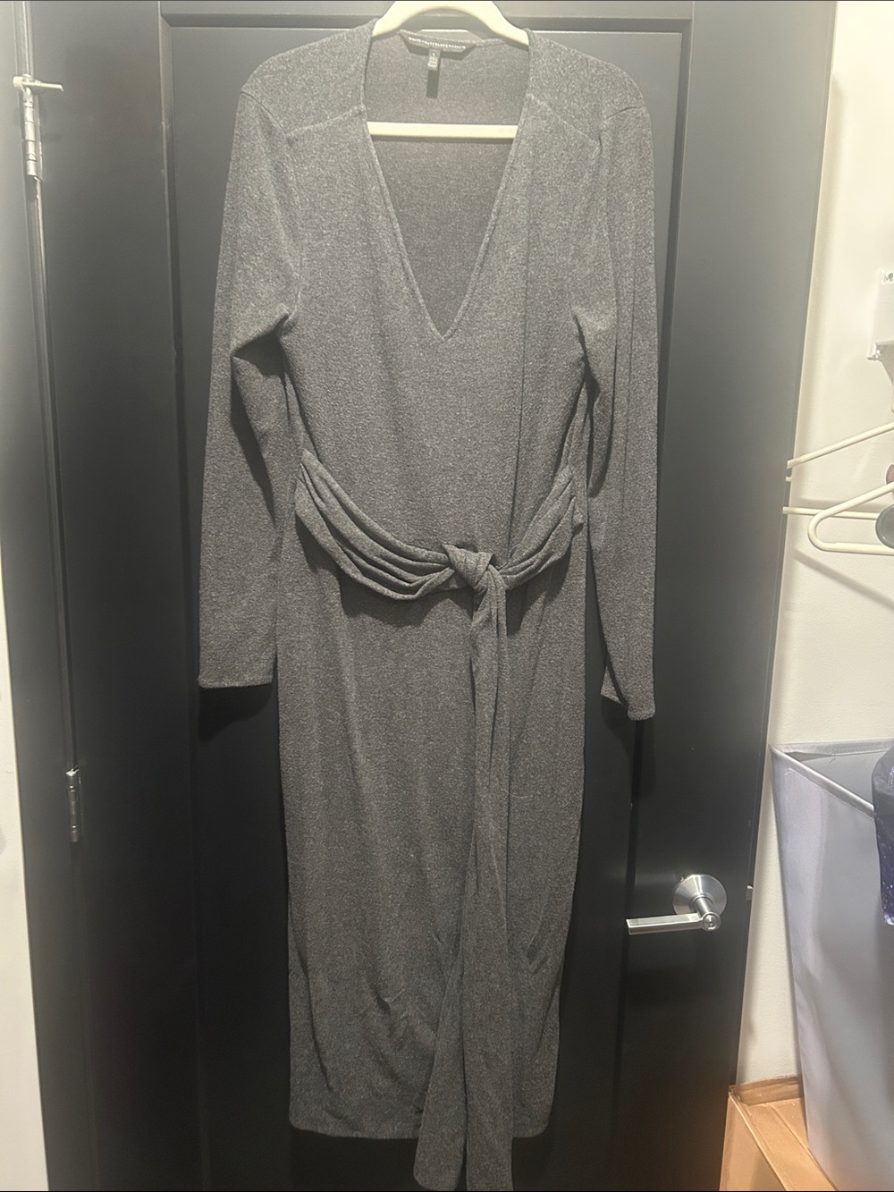 Long Sleeve V-Neck Tie-Waist Midi Dress - Charcoal Gray